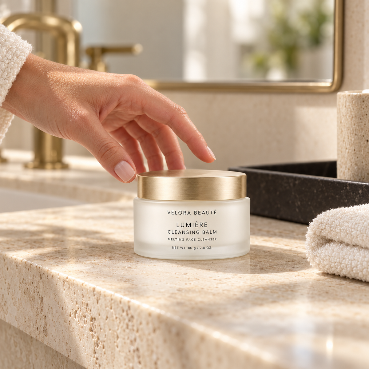 Lumière Cleansing Balm shown in a real beauty ritual