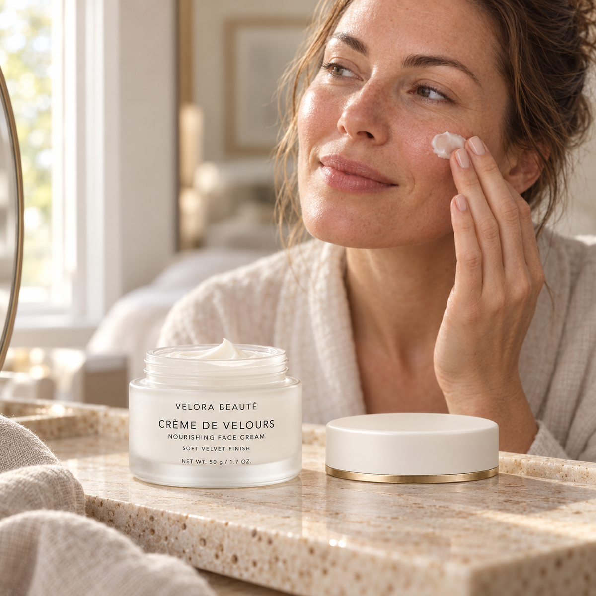 Crème de Velours shown in a real beauty ritual