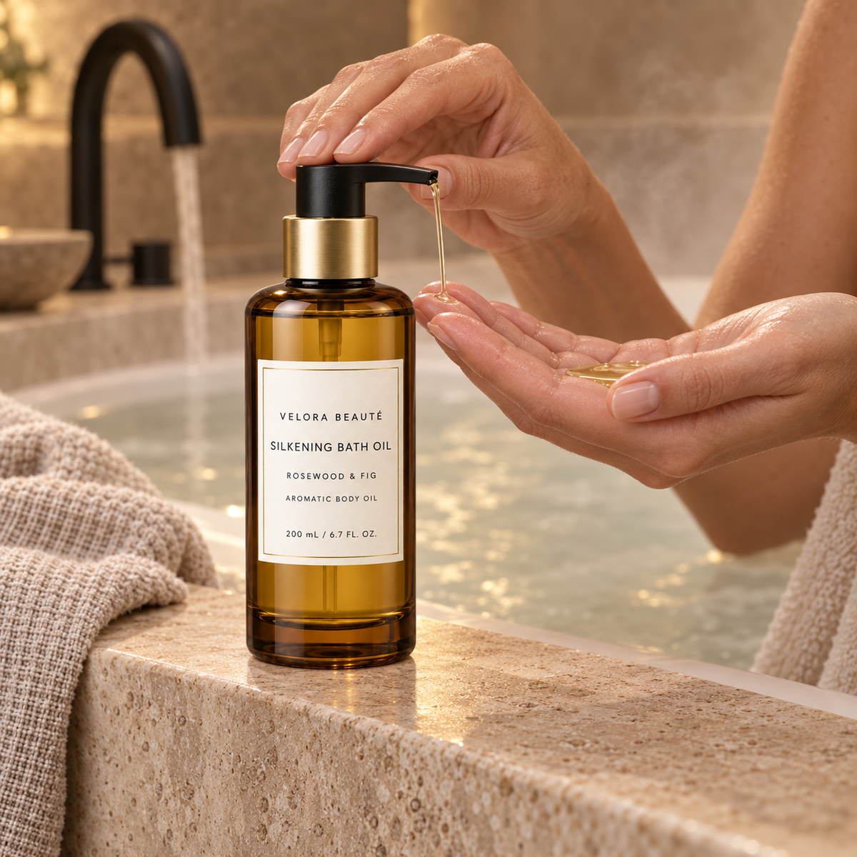 Silkening Bath Oil shown in a real beauty ritual