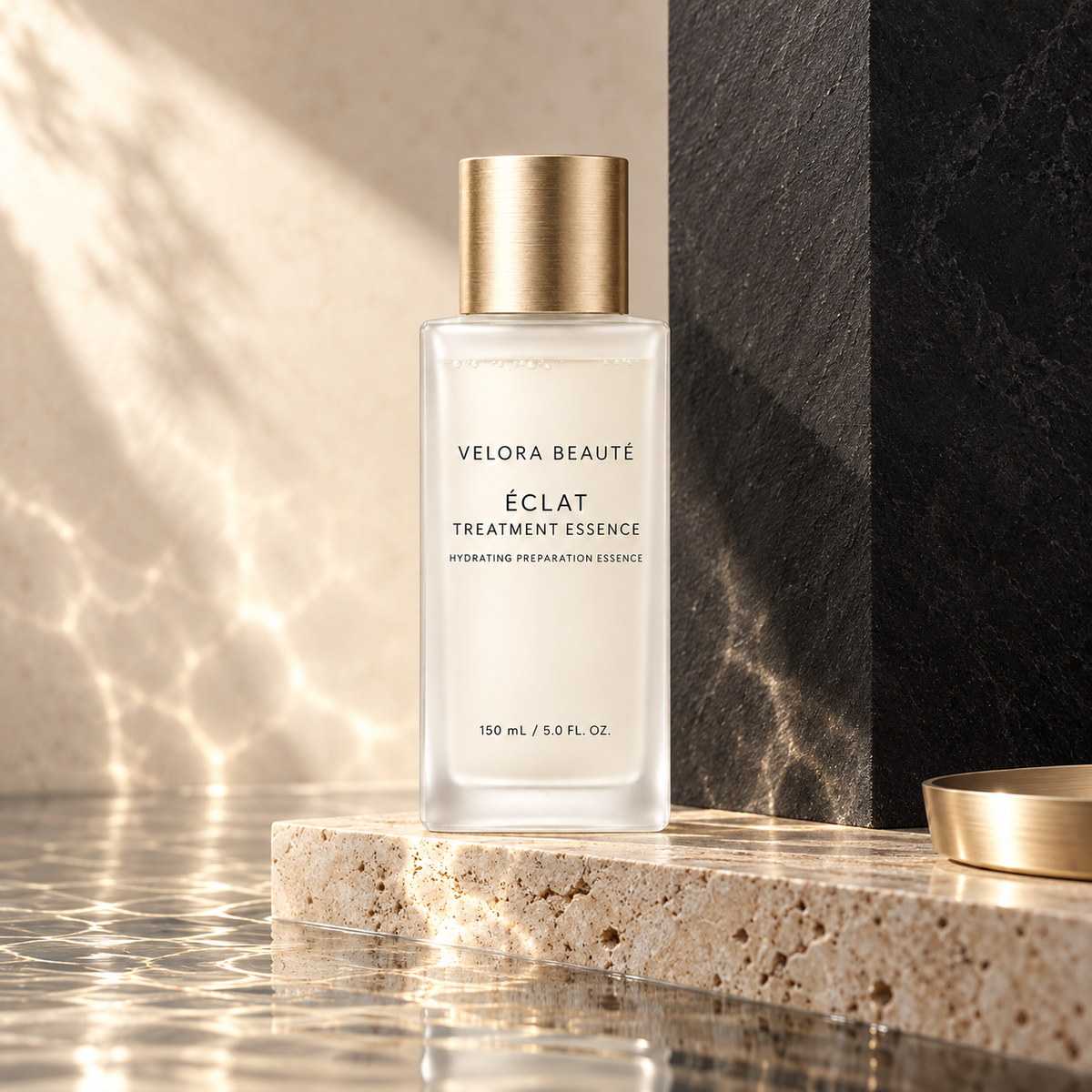 Éclat Treatment Essence, VELORA BEAUTÉ luxury campaign poster