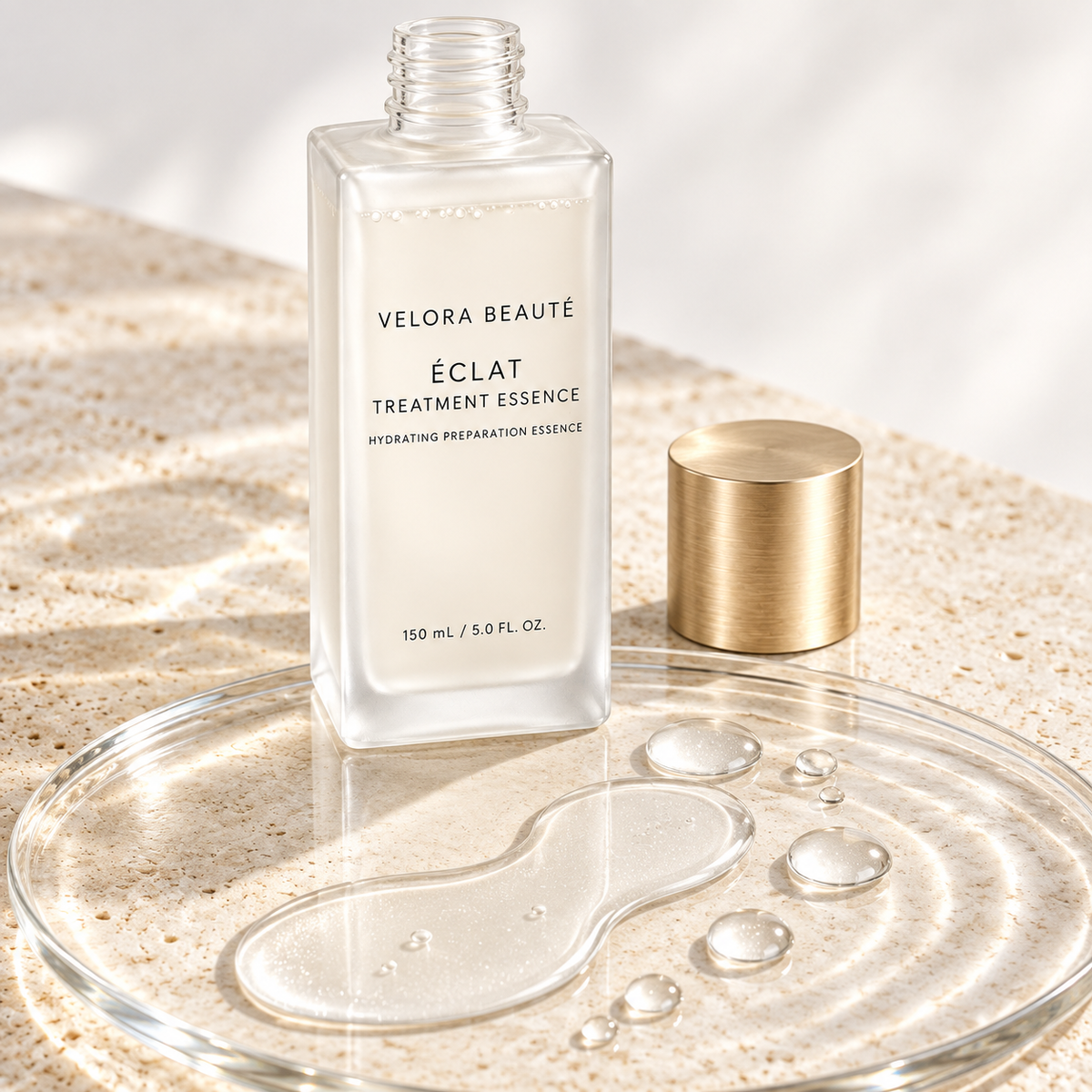 Éclat Treatment Essence, clear essence droplets and fluid texture detail