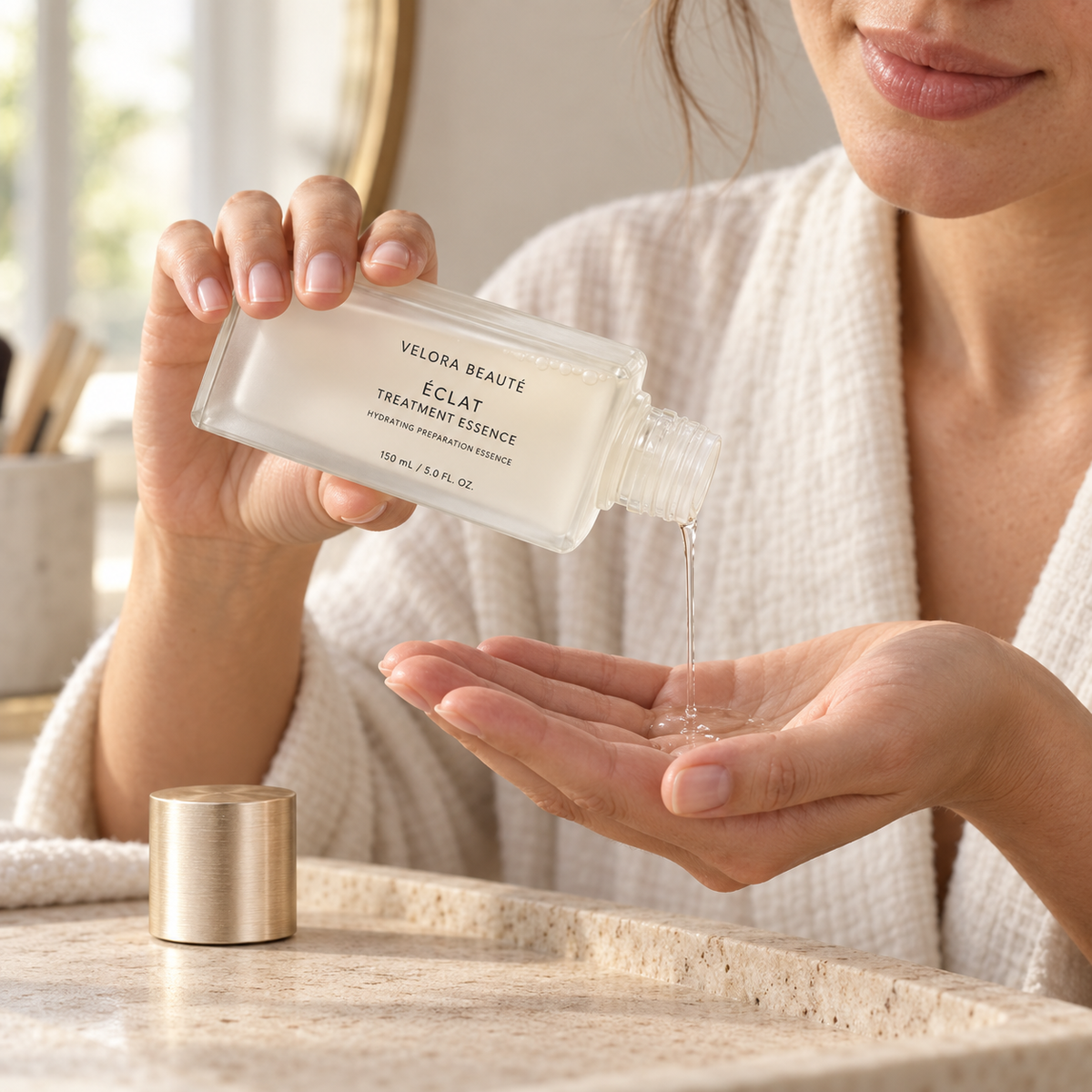 Éclat Treatment Essence shown in a real beauty ritual