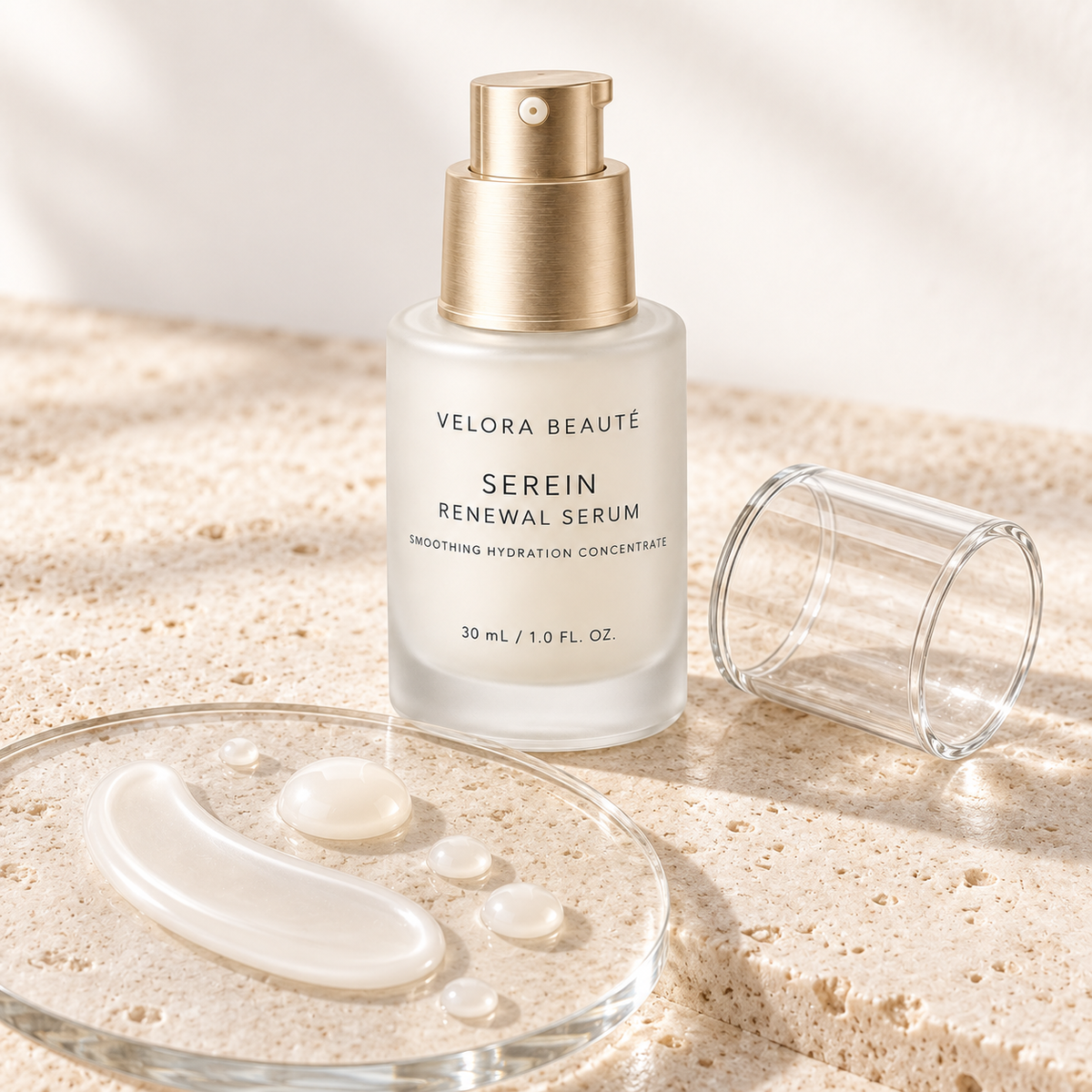 Serein Renewal Serum, milky serum droplets and silky texture detail