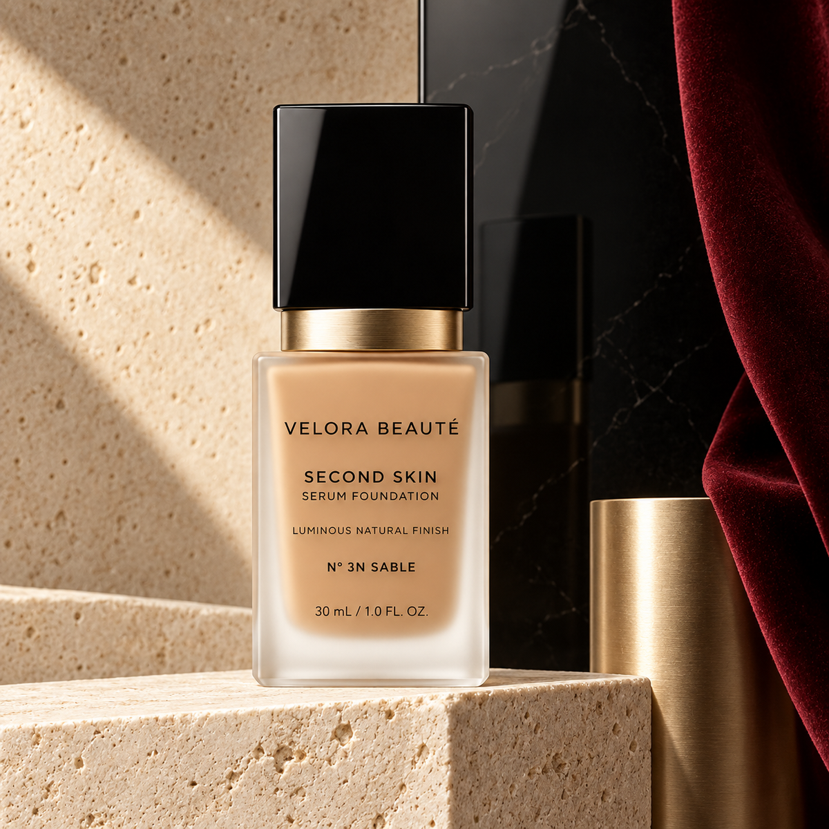 Second Skin Serum Foundation, VELORA BEAUTÉ luxury campaign poster
