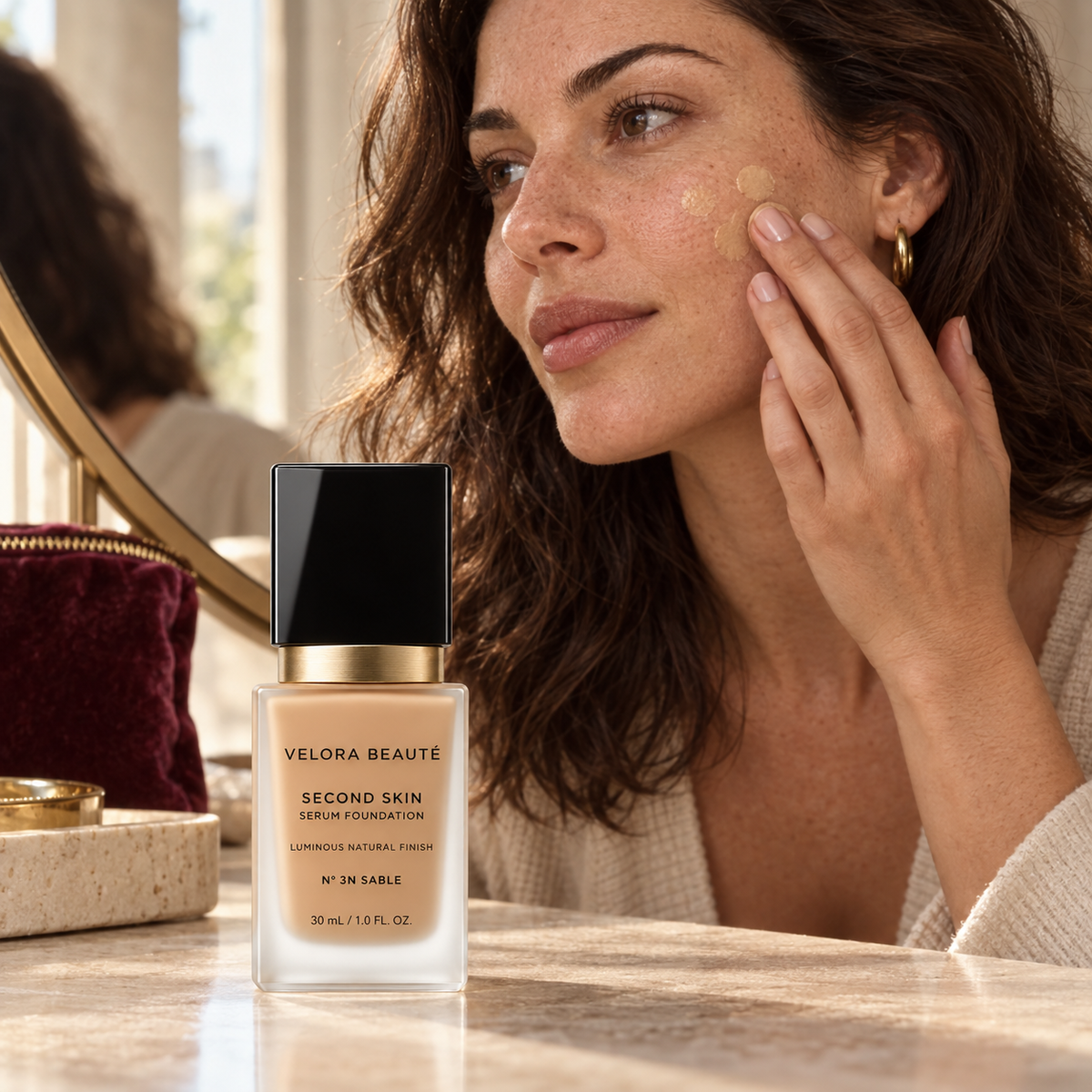 Second Skin Serum Foundation shown in a real beauty ritual