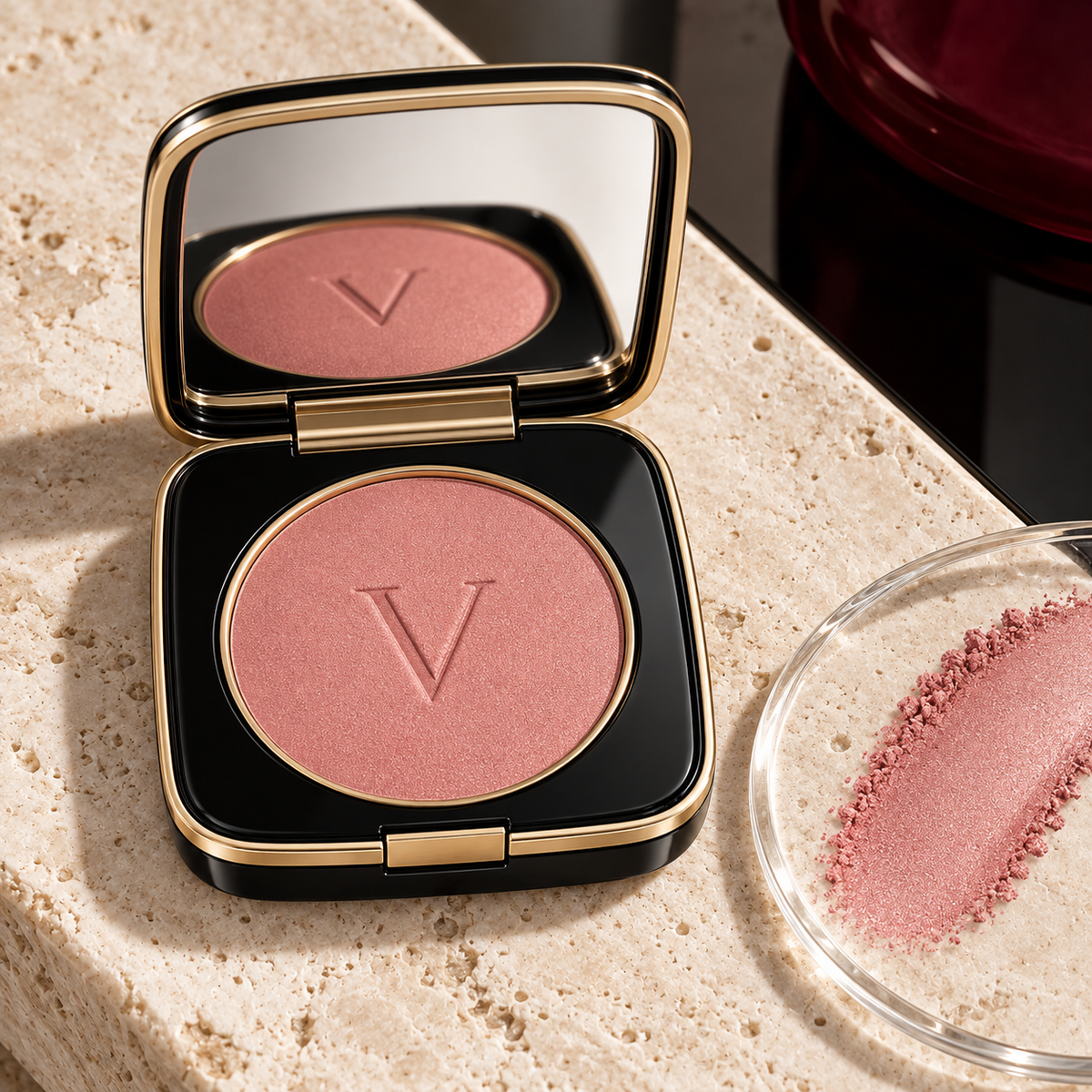 Rosé Satin Blush, rose satin blush powder and swatch detail