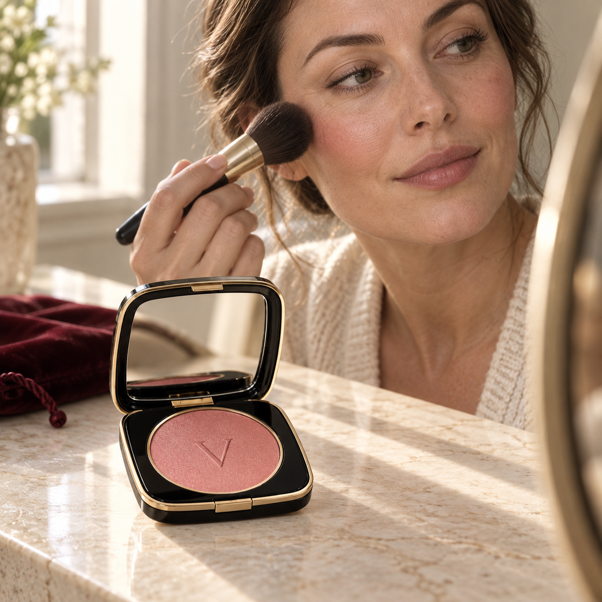 Rosé Satin Blush shown in a real beauty ritual