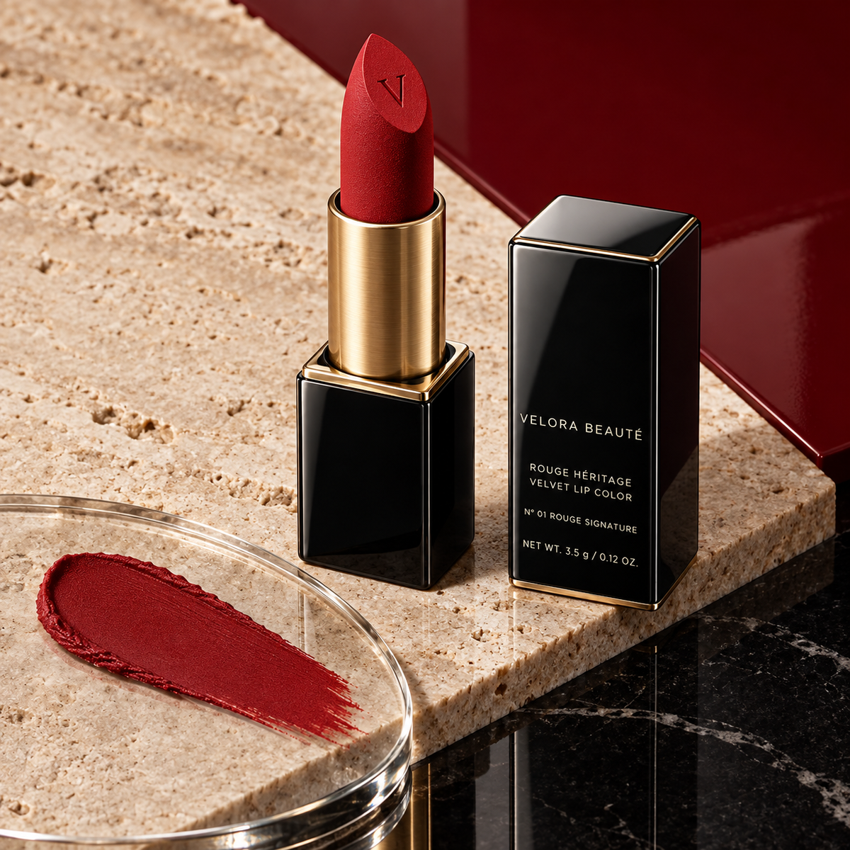 Rouge Héritage Lipstick, rouge satin lipstick swatch and bullet detail