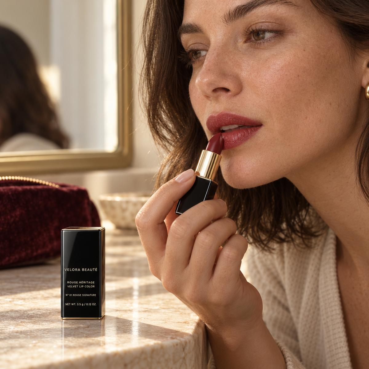 Rouge Héritage Lipstick shown in a real beauty ritual