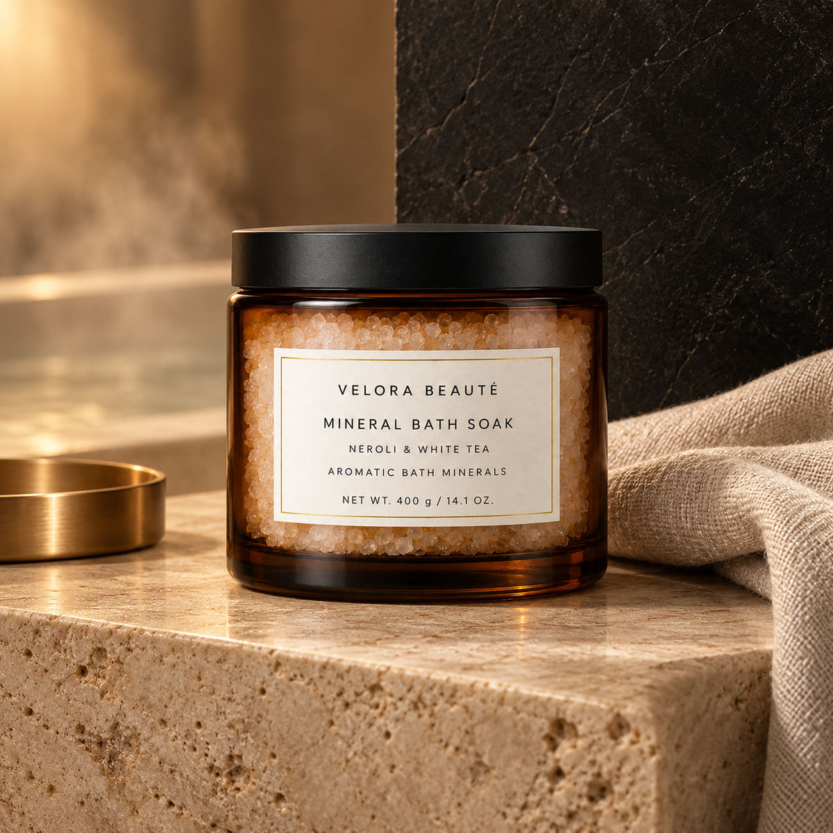 Mineral Bath Soak, VELORA BEAUTÉ luxury campaign poster