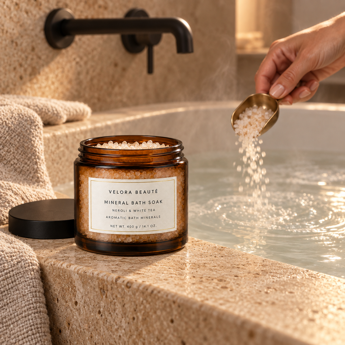 Mineral Bath Soak shown in a real beauty ritual