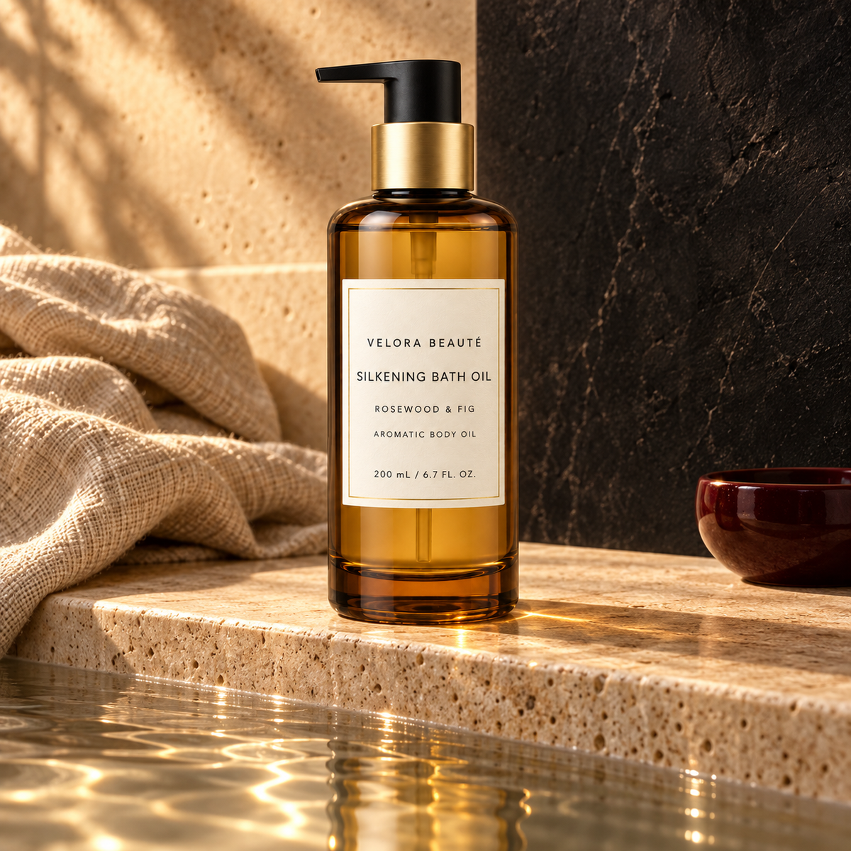 Silkening Bath Oil, VELORA BEAUTÉ luxury campaign poster