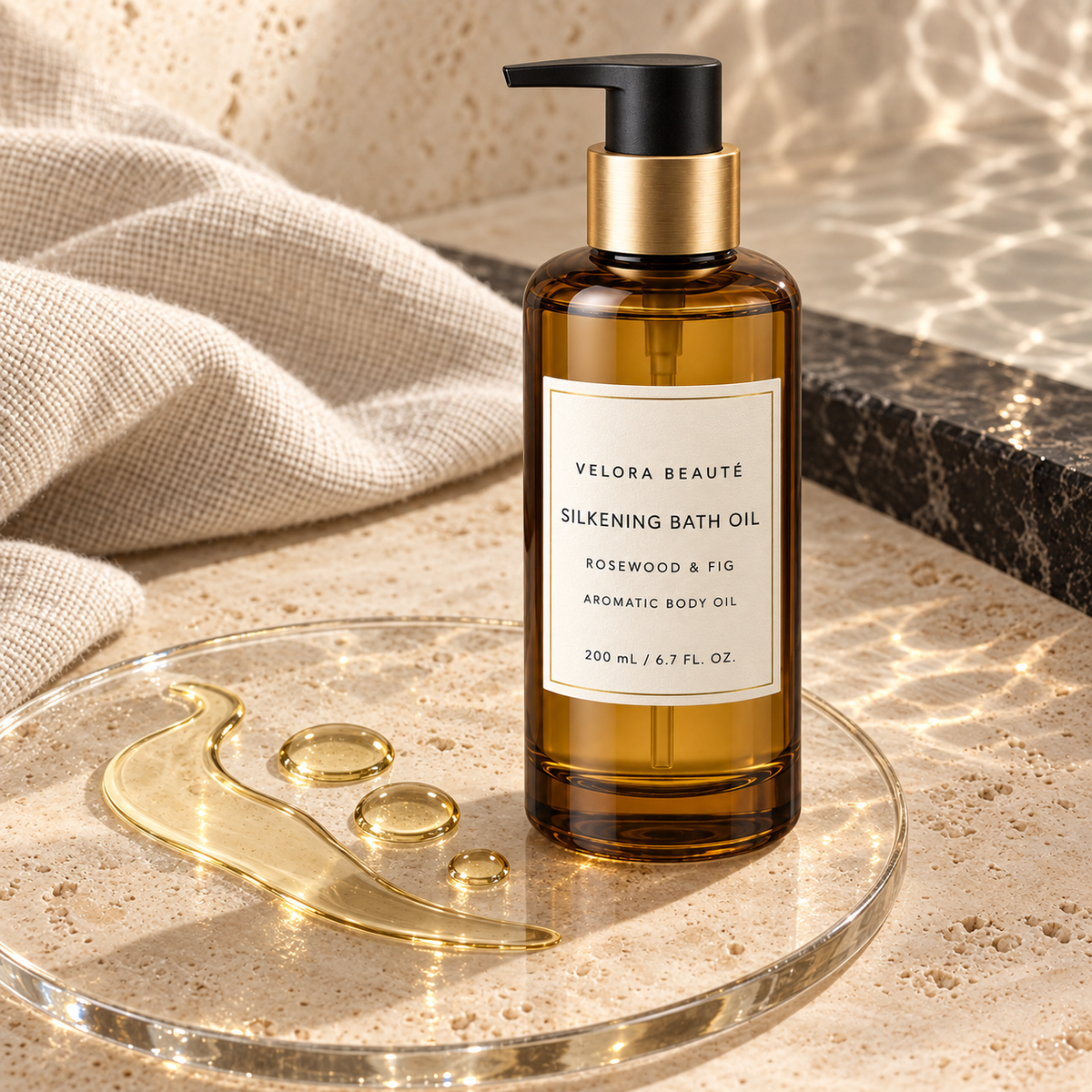 Silkening Bath Oil, golden bath oil droplets and fluid texture detail