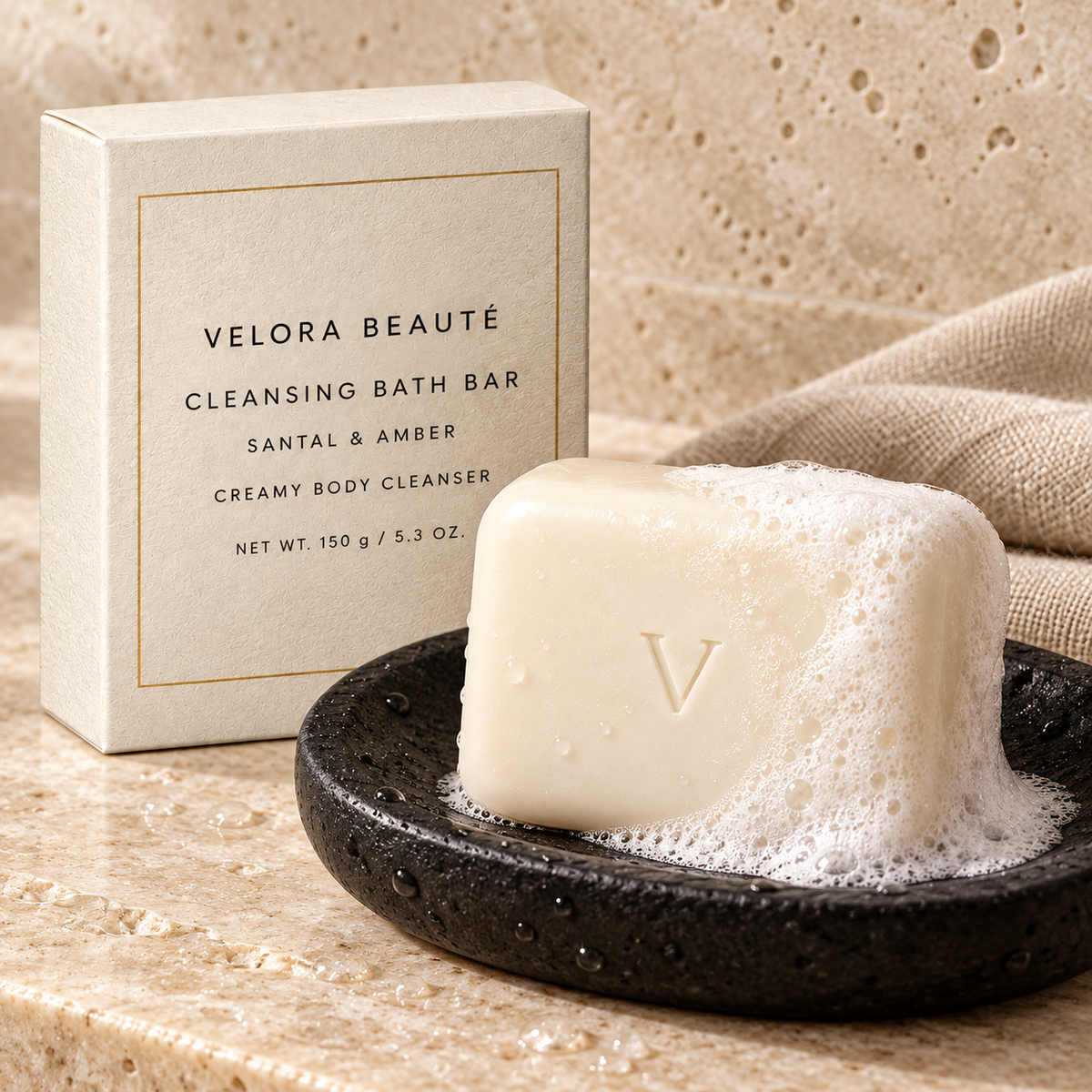 Cleansing Bath Bar, creamy cleansing bar lather and embossed surface detail