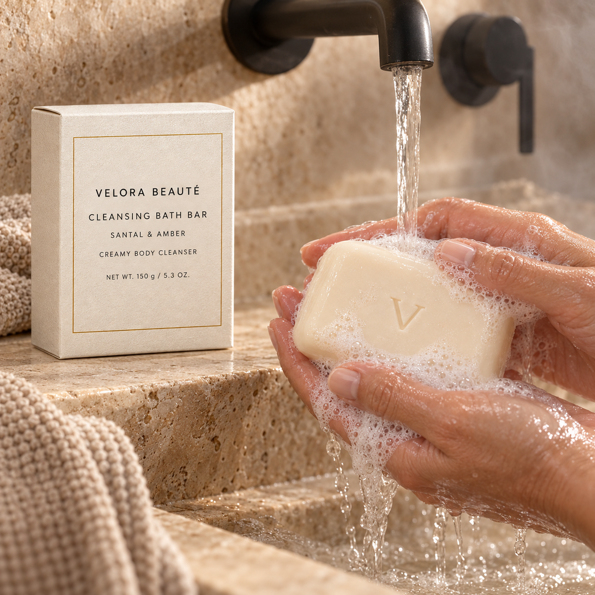 Cleansing Bath Bar shown in a real beauty ritual