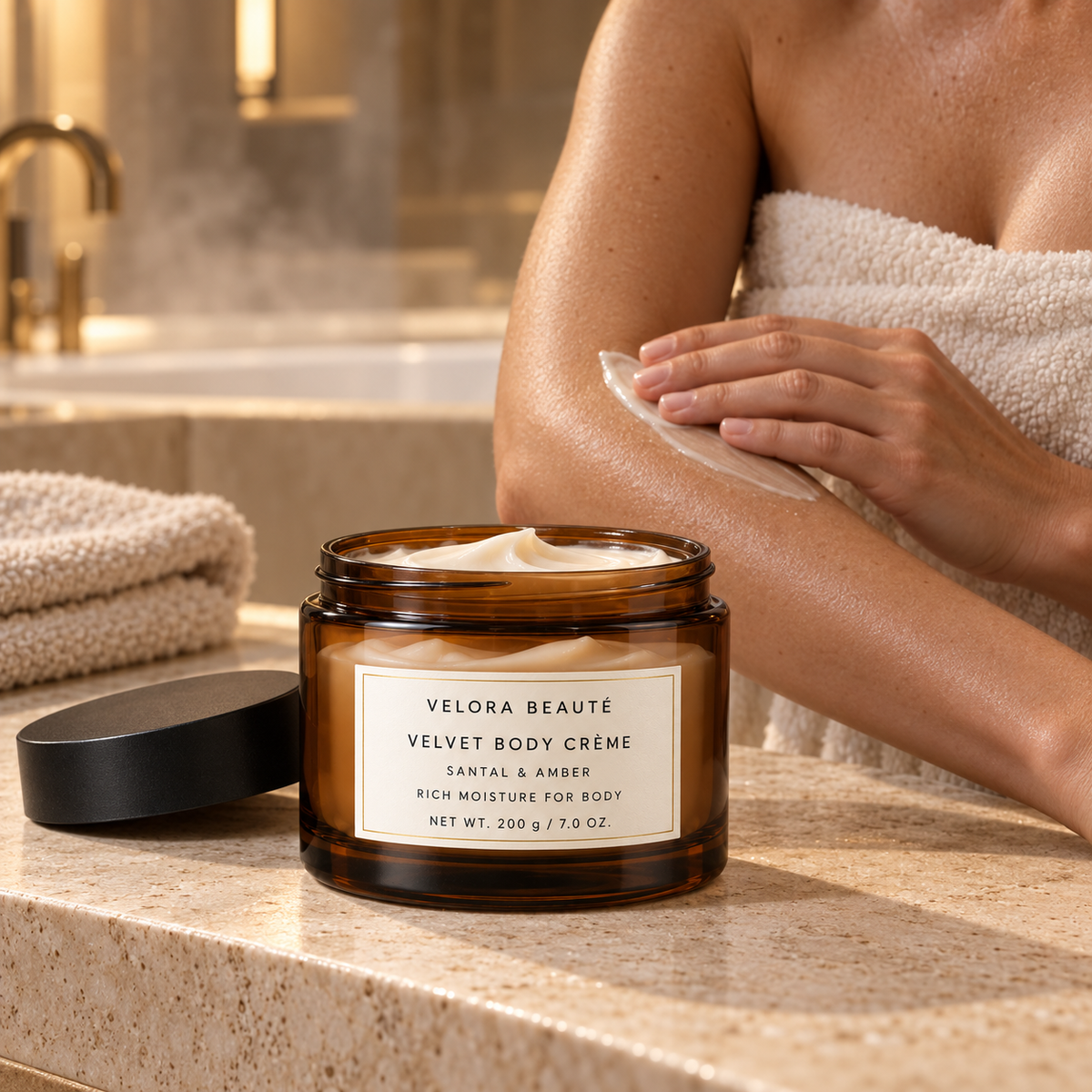 Velvet Body Crème shown in a real beauty ritual