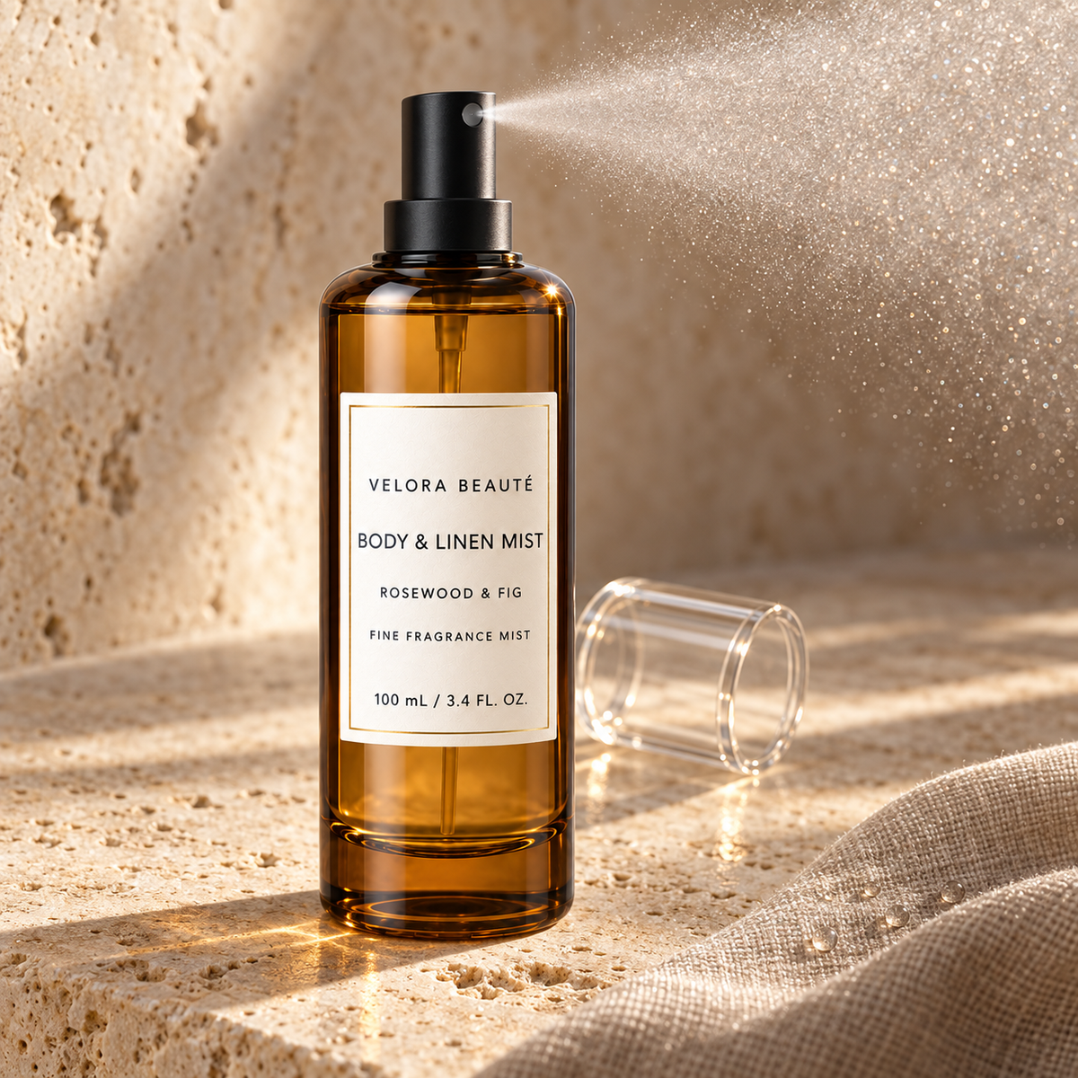 Body & Linen Mist, fine fragrance mist droplets and atomizer detail