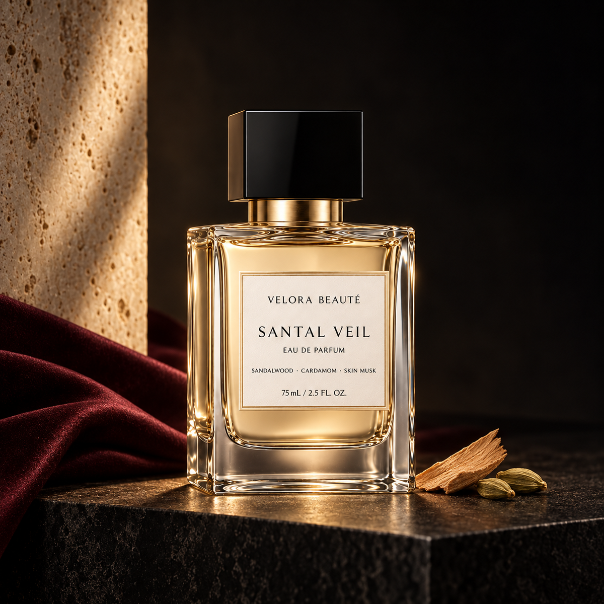 Santal Veil Eau de Parfum, VELORA BEAUTÉ luxury campaign poster