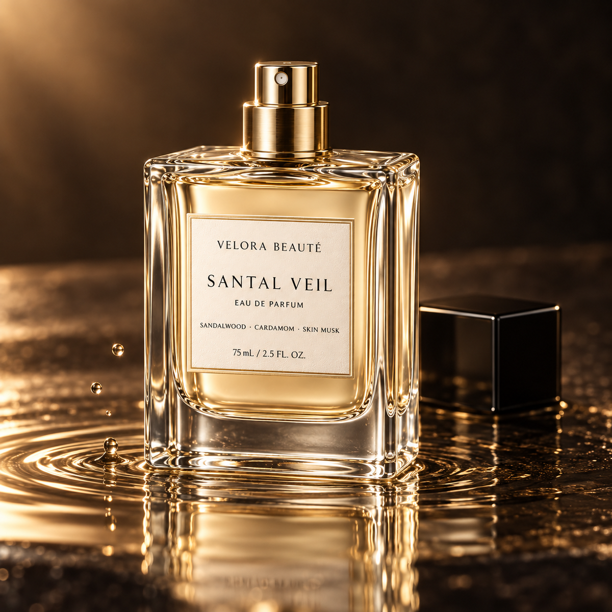 Santal Veil Eau de Parfum, pale champagne fragrance and atomizer detail