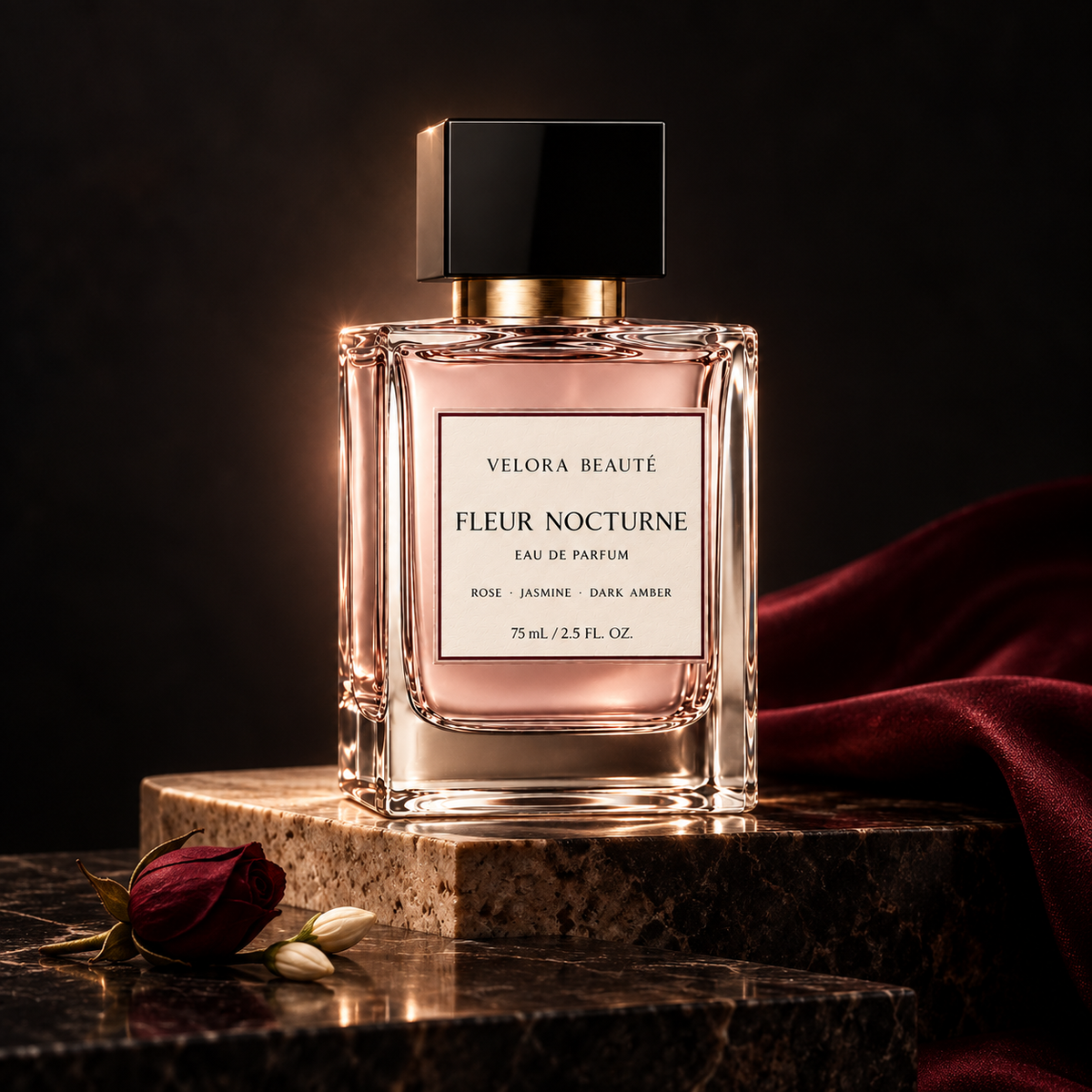 Fleur Nocturne Eau de Parfum, VELORA BEAUTÉ luxury campaign poster