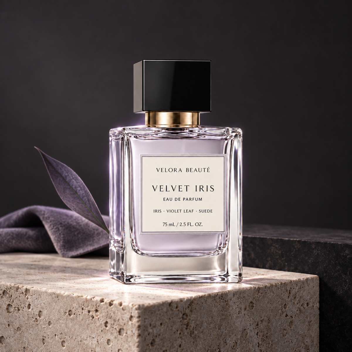 Velvet Iris Eau de Parfum, VELORA BEAUTÉ luxury campaign poster