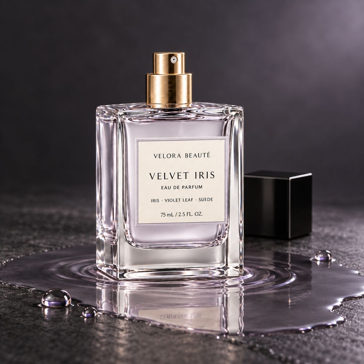 Velvet Iris Eau de Parfum, pale violet fragrance and atomizer detail