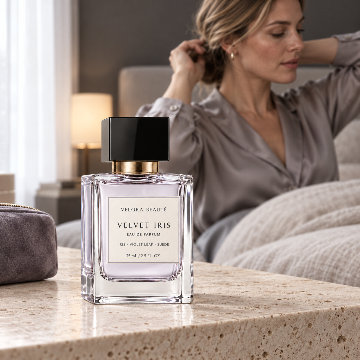 Velvet Iris Eau de Parfum shown in a real beauty ritual