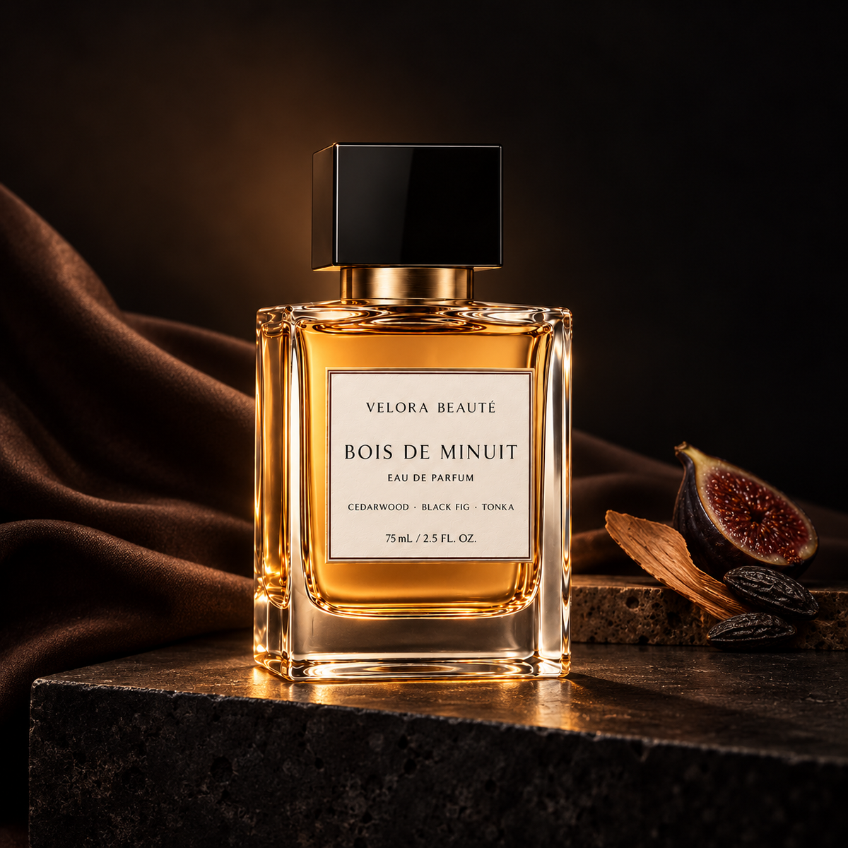 Bois de Minuit Eau de Parfum, VELORA BEAUTÉ luxury campaign poster