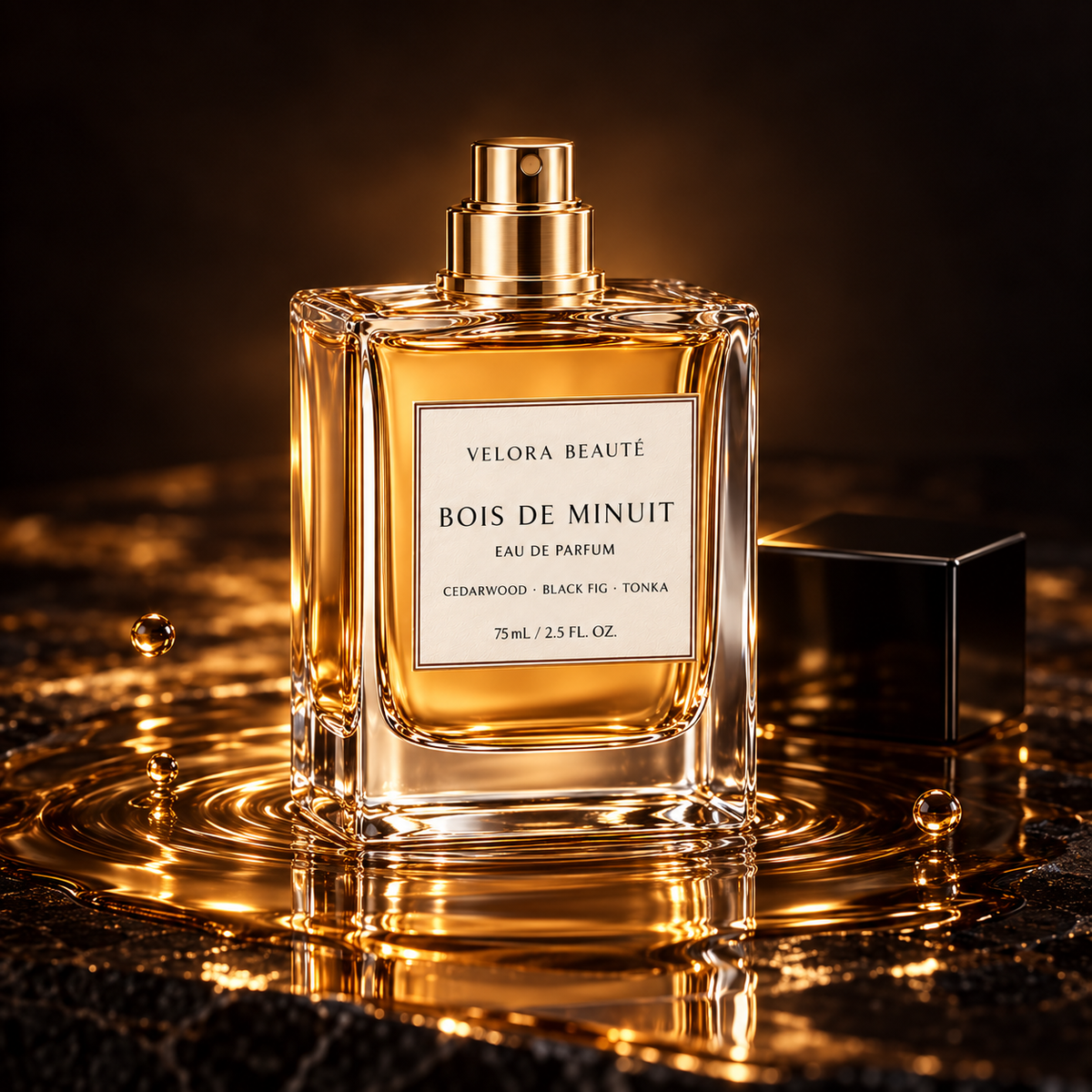 Bois de Minuit Eau de Parfum, deep amber fragrance and atomizer detail